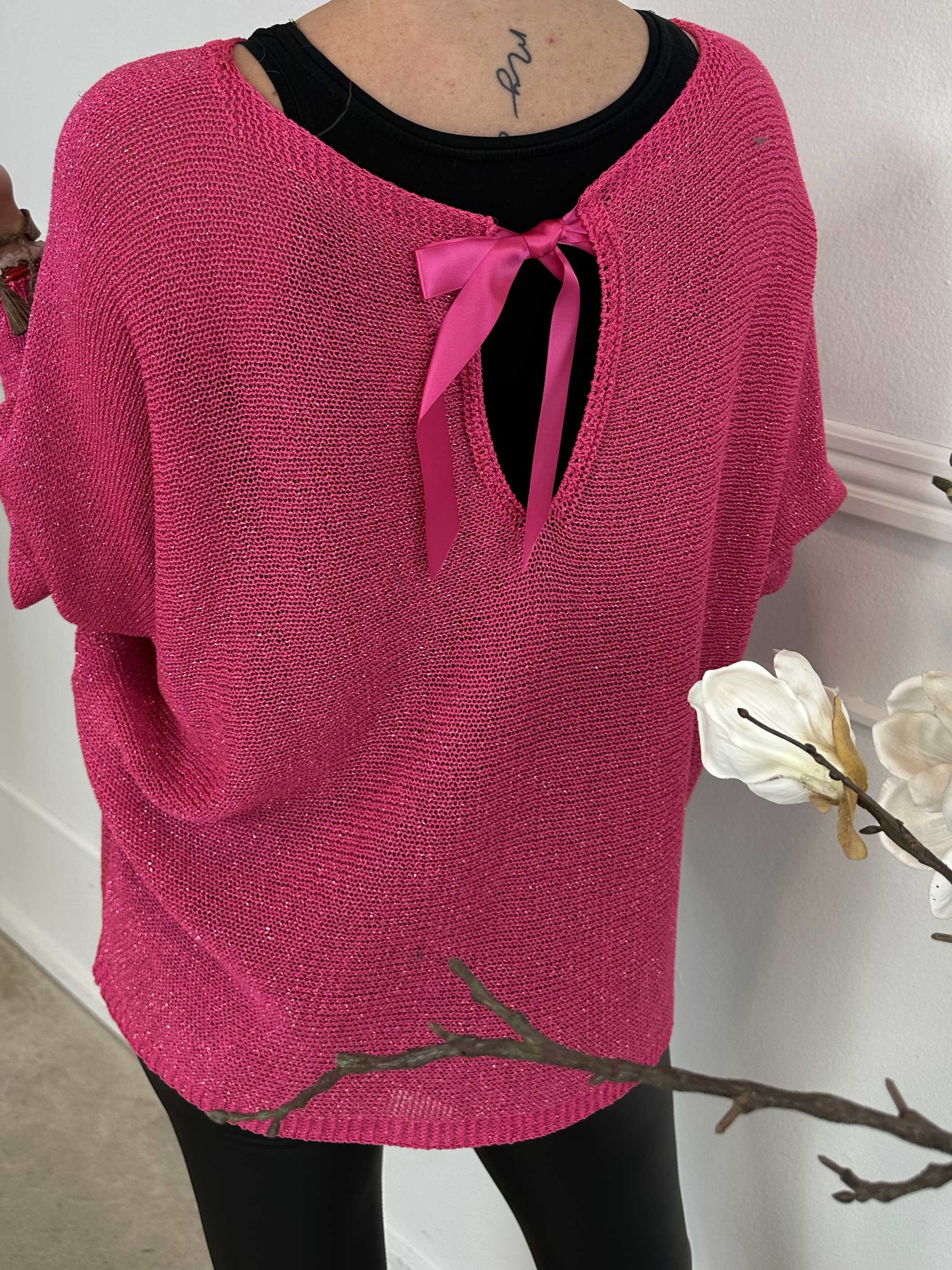 Paulina - Strikbluse med glimmertråde og sløjfe